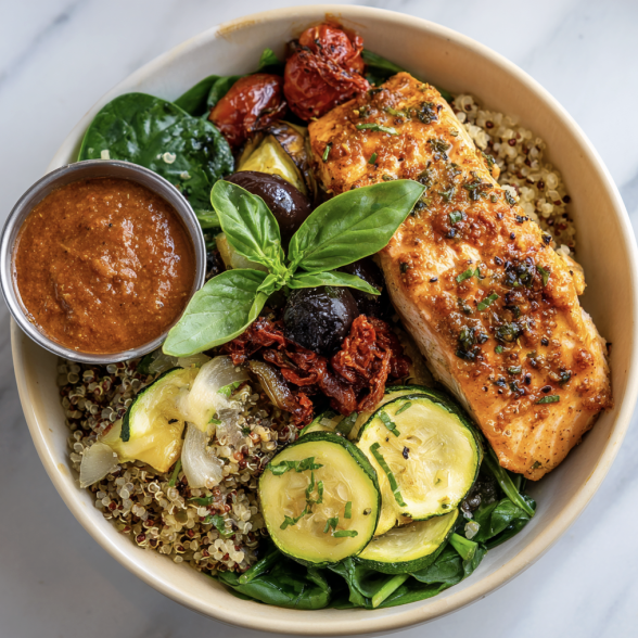 Tuscan Sunshine Bowl with Tuscan Salmon, Quinoa, Zucchini, Caramelized Onion, Tomato, Spinach, Basil, Olives, Parmiggiano, Sun-dried Tomato Cashew Sauce