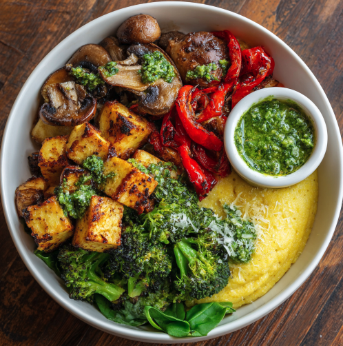 For Pros: Green Glow Bowl with Basil Tofu, Polenta, Roasted Bell Peppers, Mushrooms, Broccoli, Spinach, Parmesan, Oregano, Basil, Sunflower Seed Basil Pesto