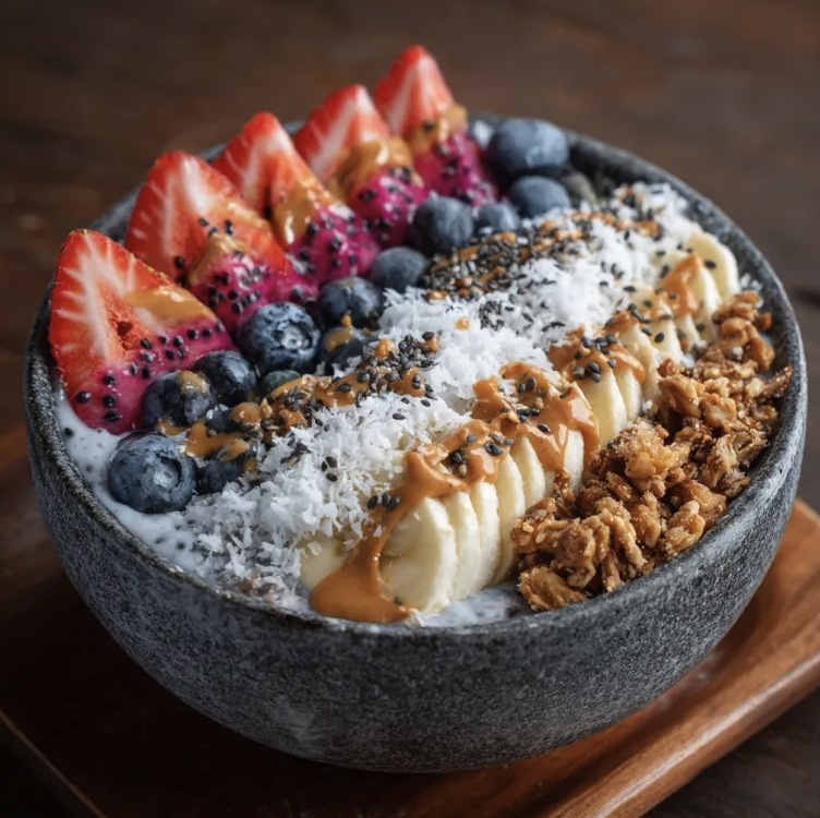 For Pros: Bali Bowl Parfait with Coconut Shreds, Chia Seeds, Banana, Strawberry, Blueberry, Dragon Fruit, Peanut Butter, Homemade Granola