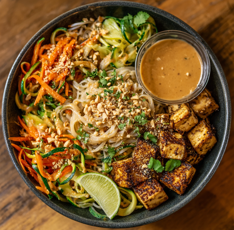 For Pros: Pad Thai Protein Bowl with Tofu, Brown Rice Noodles, Carrots, Napa Cabbage, Zucchini Noodles, Snap Peas, Peanuts, Lime Wedge, Cilantro, Bean Sprouts, Peanut Tamarind Sauce