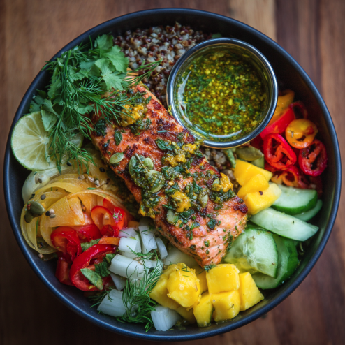 Citrus Glow Bowl with Thyme Lemon Salmon, Buckwheat, Cucumber, Mango, Red Pepper, Jicama, Dill, Cilantro, Pumpkin Seeds, Champagne Shallot Vinaigrette