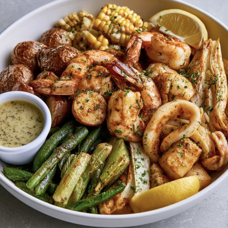 Bayou Nourish Bowl with Cajun Seafood Boil, Roasted Baby Potatoes, Green Beans, Celery, Corn, Fennel, Parsley, Lemon, Lemon Herb Sauce