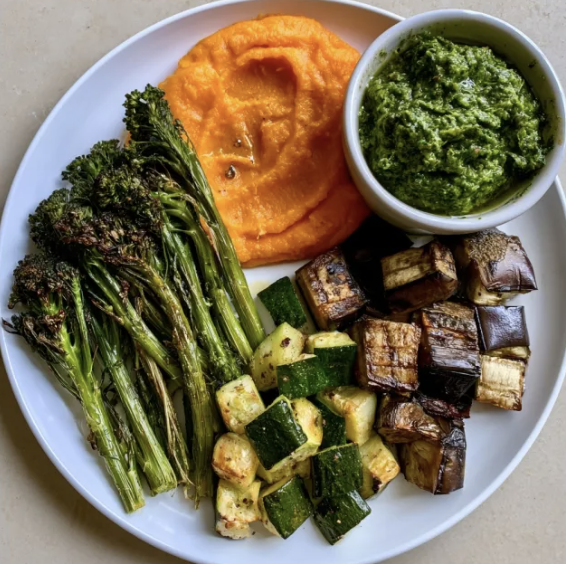 Square Fare Plate of Roasted Broccolini, Roasted Zucchini, Carrot Puree, Roasted Eggplant, Kale Pesto