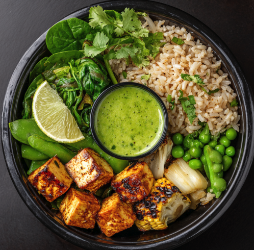 Power Plant Bowl with Green Curry Tofu, Brown Rice, Spinach, Cabbage, Peas, Green Beans, Baby Corn, Thai Basil, Cilantro, Green Curry Sauce
