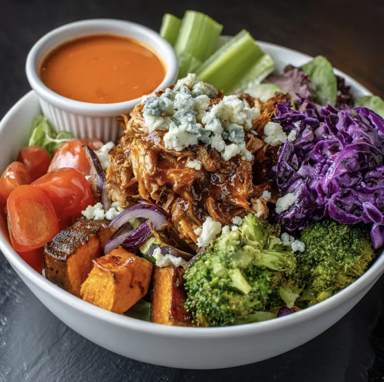 For Pros: Buffalo Fuel Bowl with Buffalo Shredded Chicken, Roasted Sweet Potato, Broccoli, Roasted Carrots, Red Cabbage, Blue Cheese, Fresh Celery, Buffalo Sauce