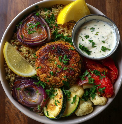 For Pros: Garden Protein Power Bowl with Chickpea Garden Veggie Patties, Quinoa, Tomato, Red Onion, Zucchini, Pickled Cauliflower, Fresh Parsley, Lemon Wedge, Lemon Herb Yogurt