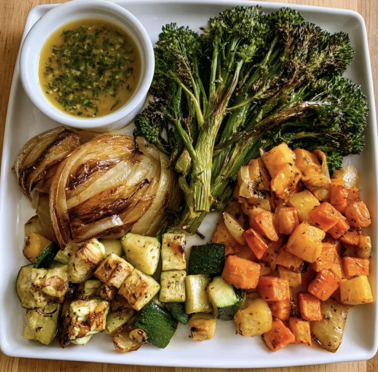 Square Fare Plate of Caramelized Onion, Roasted Broccolini, Roasted Zucchini, Roasted Carrots, Bright Garlic Herb Sauce
