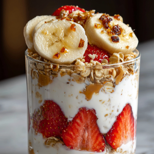 For Pros: Parfait with Greek Yogurt, Homemade Muesli, Peanut Butter, Banana, Strawberries and Crushed Peanuts