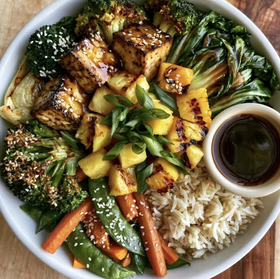 For Pros: Gut Health Teriyaki Bowl with Tamari Tofu, Basmati Rice, Sesame Roasted Broccoli, Bok Choy, Carrots, Snap Peas, Grilled Pineapple, Scallions, Sesame Seeds, Pineapple Teriyaki Sauce