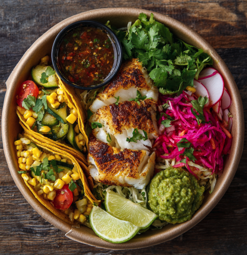 For Pros: Coastal Taco Bowl with Chili Lime Cod, Tacos, Shredded Cabbage, Zucchini, Tomato, Sliced Radish, Pepitas, Cilantro, Lime Wedge, Avocado Tomatillo Salsa