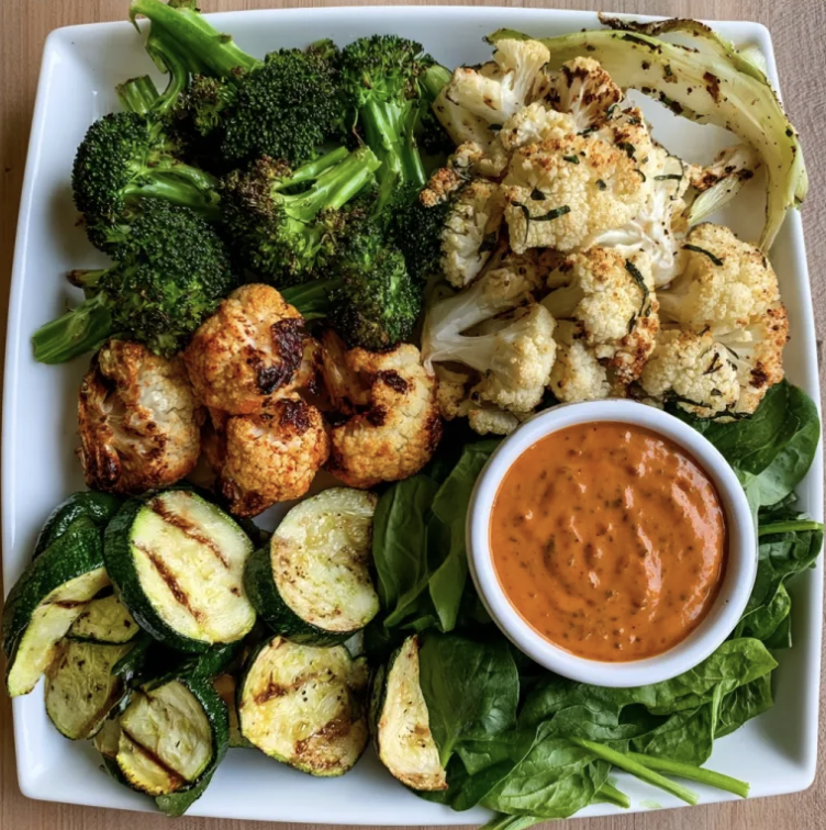 Square Fare Plate of Roasted Cauliflower, Roasted Broccoli, Roasted Zucchini, Fresh Spinach, Creamy Sun-Dried Tomato & Basil Sauce