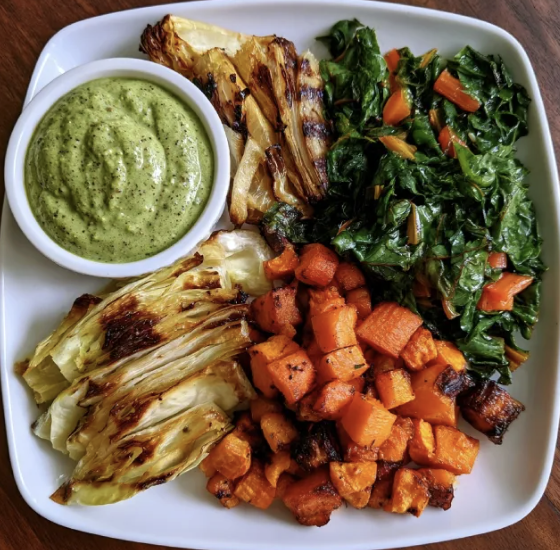 For Pros: Square Fare Plate of Roasted Carrots, Roasted Napa Cabbage, Sauteed Swiss Chard, Creamy Poblano Pepita Sauce
