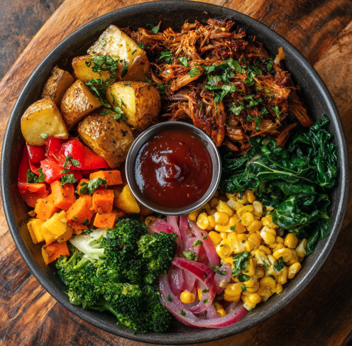 Smoky Comfort Bowl with BBQ Pulled Pork, Roasted Potatoes, Roasted Broccoli, Steamed Carrots, Collard Greens, Bell Pepper, Pickled Onion, Roasted Corn, Parsley, BBQ Sauce