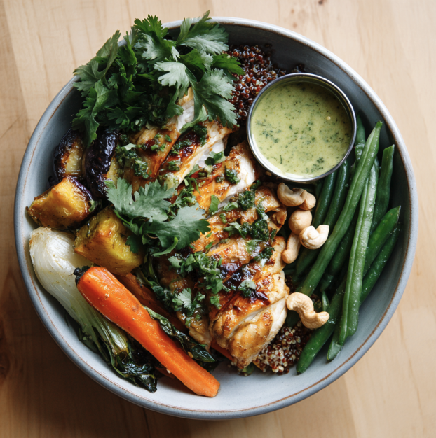 Circulation Flow Bowl with Lemongrass Chicken, Kombu Sorghum,  Eggplant, Bok Choy, Carrots, Green Beans, Seared Scallions, Cilantro, Cashews, and a Tangy Coconut–Ginger Sauce