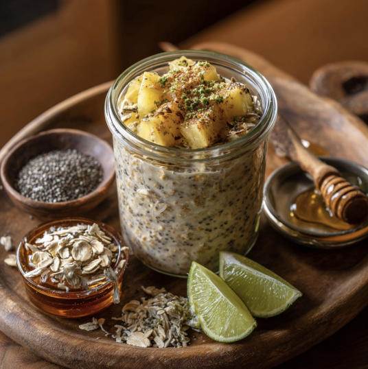 Tropical Overnight Oats with Pineapple, Cinnamon, Lime Zest, and Maple Syrup