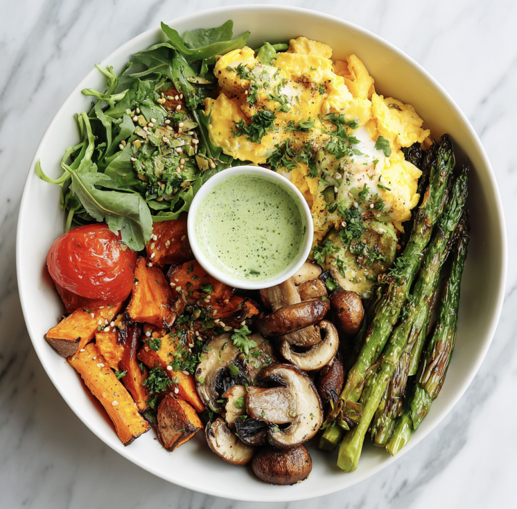 For Pros: Farmer's Market Bowl with Scrambled Eggs, Roasted Sweet Potatoes, Roasted Tomato, Roasted Asparagus, Arugula, Steamed Mushrooms, Parsley, Hemp Seeds, Green Goddess Dressing