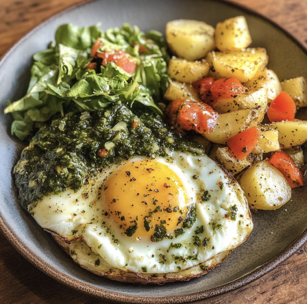 For Pros: Baked Eggs & Salsa Verde with Side Salad and Potatoes