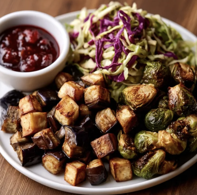 For Pros: Square Fare Plate of Roasted Eggplant, Roasted Brussels Sprouts, Shaved Cabbage, Cranberry Balsamic Glaze