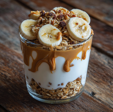 For Pros: Parfait with Greek Yogurt, Homemade Muesli, Banana and a Peanut Butter Drizzle