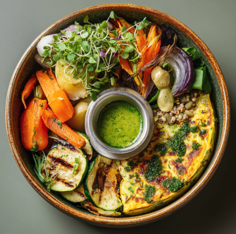 For Pros: Garden Bowl with Frittata, Buckwheat, Spinach, Roasted Carrots, Zucchini, Scallions, Microgreens and a Parsley–Lemon Green Olive Vinaigrette