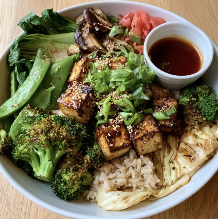 Gut Health Umami Bowl with Salt & Pepper Tofu, Brown Rice, Napa Cabbage, Broccoli, Bok Choy, Shiitake Mushrooms, Snow Peas, Scallions, Sesame Seeds, Pickled Ginger, Tamari Ginger Glaze