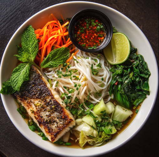 For Pros: Saigon Pho Bowl with Vietnamese Barramundi, Rice Noodles, Bok Choy, Napa Cabbage, Snow Peas, Shredded Carrots, Mint, Thai Basil, Bean Sprouts, Cilantro, Lime Wedge, Pho Broth