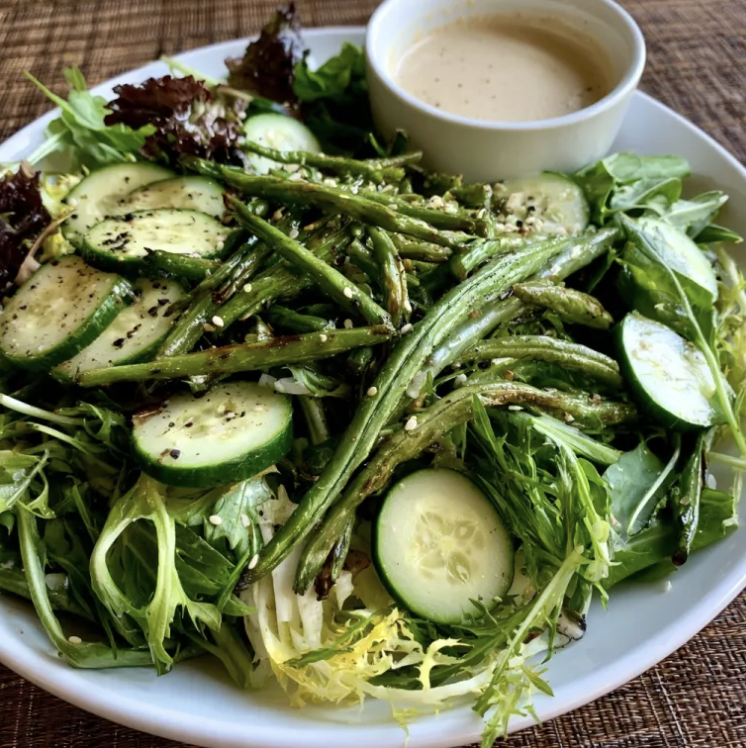 For Pros: Square Fare Plate of Roasted Green Beans, Sliced Cucumbers, Arugula, Frisée, Charred Apple Tahini