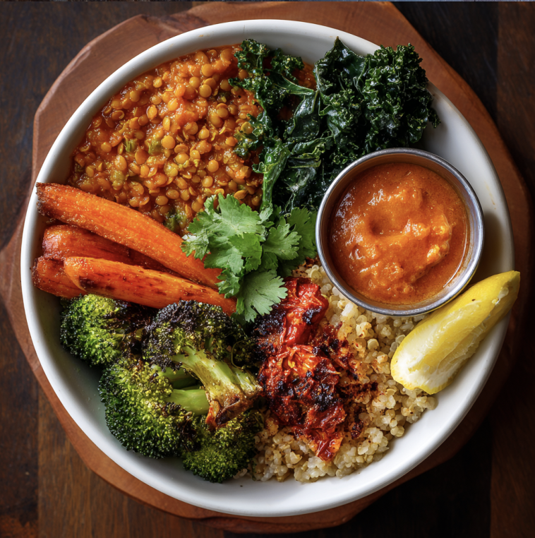 Golden Nourish Bowl with Spiced Tomato Red Lentils, Brown Rice, Roasted Broccoli, Kale, Carrots, Stewed Tomatoes, Cilantro, Lemon Wedge, Roasted Tomato Cumin Sauce