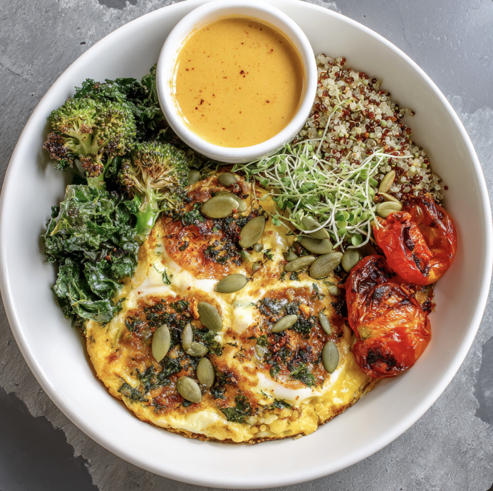 For Pros: Garden Frittata Bowl with Baked Herb Eggs, Quinoa, Roasted Broccoli, Steamed Kale, Roasted Tomato, Pepitas, Microgreens, Orange Tahini Sauce