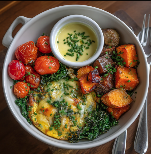 Sunrise Bowl with Kale Egg Bake, Roasted Butternut Squash, Carrots, Cherry Tomatoes, Kale, Gruyère, Chives, Chive Dijon Crème