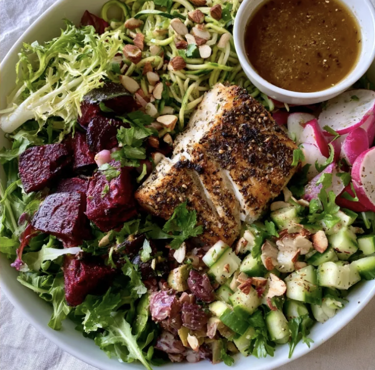 For Pros: Za'atar Glow Salad with Za'atar Barramundi, Roasted Beets, Frisée, Arugula, Zucchini Noodle, Radish, Parsley, Olive, Almond, Lemon Olive Vinaigrette