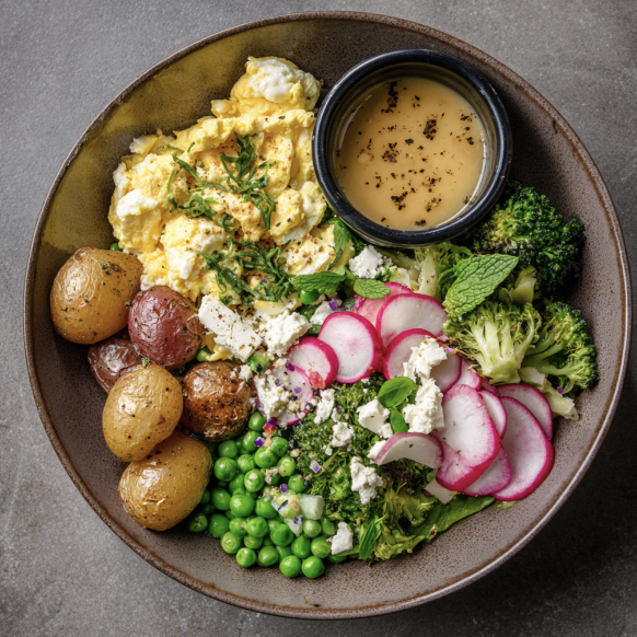 For Pros: Springtime Bowl with Scrambled Eggs with Roasted Potatoes, Peas, Broccoli, Spinach, Feta, Mint, Sliced Radish, Sumac, Sherry Vinaigrette