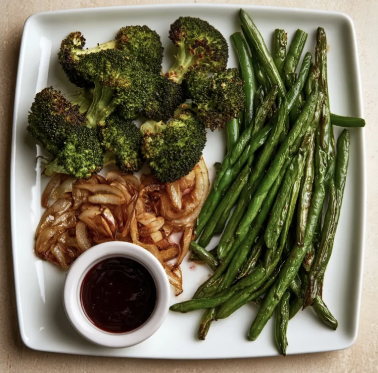 Square Fare Plate of Roasted Broccoli, Caramelized Onions, Sauteed String Beans, Blackberry Balsamic Dressing