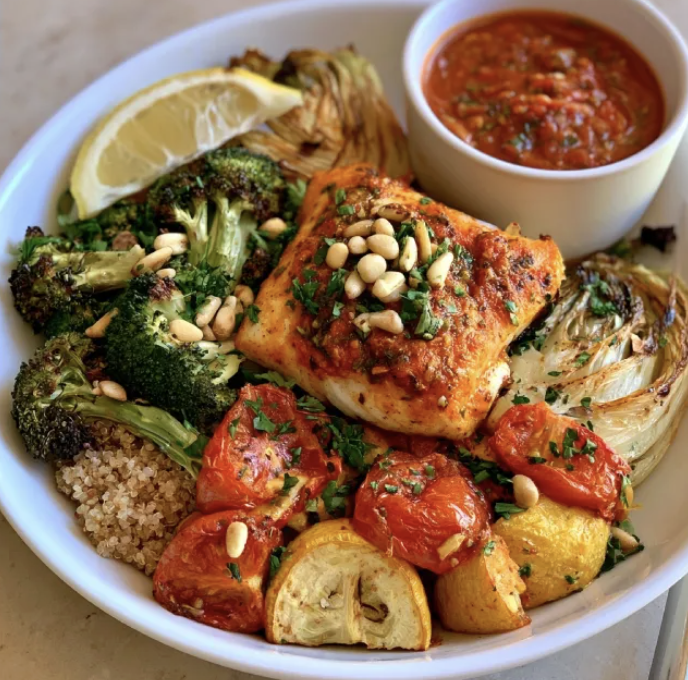 For Pros: Tuscan Omega Bowl with Basil Tomato Cod, Quinoa, Roasted Broccoli, Roasted Tomatoes, Roasted Yellow Squash, Roasted Fennel, Parsley, Pine Nuts, Lemon, Roasted Tomato Basil Sauce