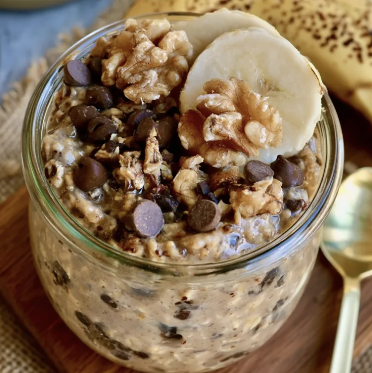 For Pros: Banana Bread Overnight Oats with Walnuts, Chocolate Chips, and Banana