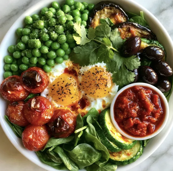 For Pros: Red Shakshuka Bowl with Shakshuka Eggs, Green Peas, Tomatoes, Eggplant, Zucchini, Spinach, Cilantro, Black Olives, Red Shakshuka Sauce