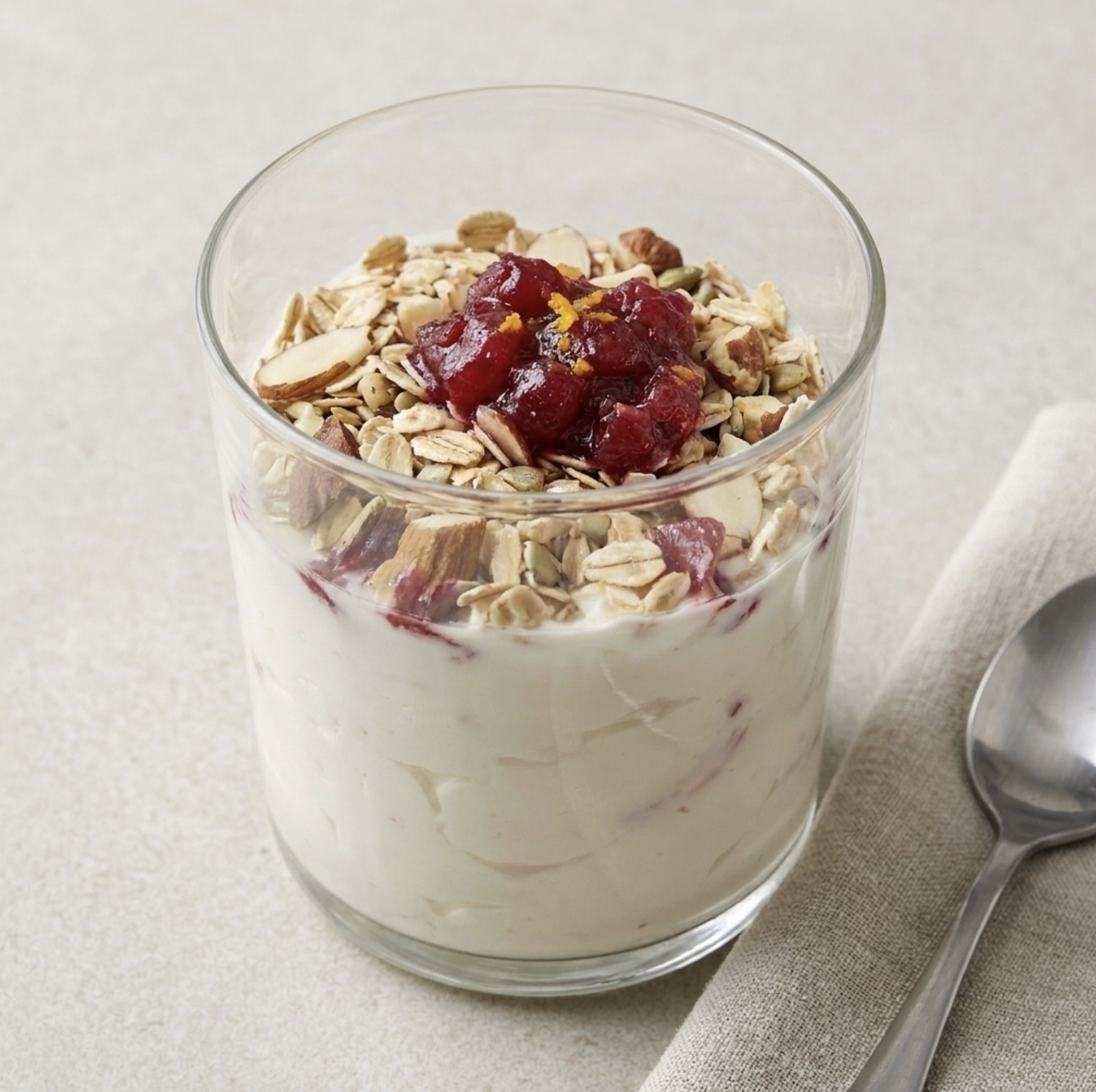 Cranberry Orange Yogurt Parfait with Greek Yogurt, Homemade Muesli, Cranberry Orange Compote, Vanilla