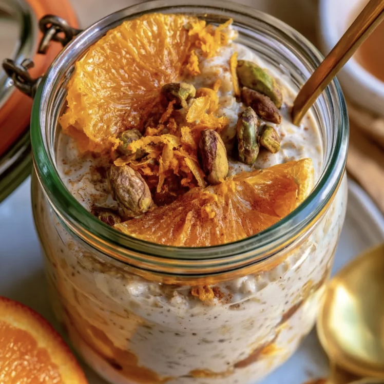 Orange Blossom & Pistachio Overnight Oats with Fresh Orange, Roasted Pistachios, Orange Zest, Orange Blossom, Cinnamon