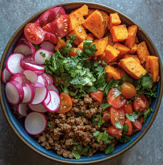 For Orca: Mexican Bowl with Ground Turkey, Sweet Potato, Poblano Peppers, Roasted Tomatoes, Carrots, Radishes with a Smoky Sofrito Vinaigrette