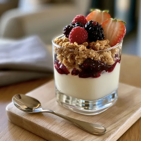 For Pros: Parfait with Greek Yogurt, Homemade Müesli with Berry Jam and Fresh Berries