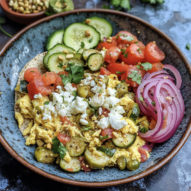 For Students: Scrambled Eggs with Zucchini, Brussel Sprouts, Tomatoes, Roasted Onions, Fresh Cilantro, Pickled Red Onion, Queso Fresco, Pepitas and a Tomatillo Sauce