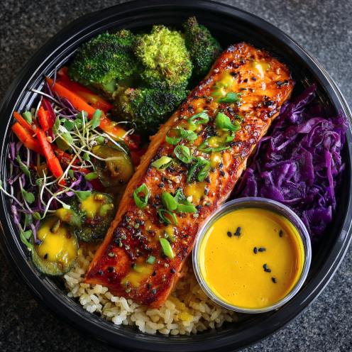 For Pros: Tropical Omega Bowl with Mango Chili Salmon, Brown Rice, Roasted Carrots, Steamed Red Cabbage, Roasted Broccoli, Scallions, Microgreens, Mango Chili Glaze