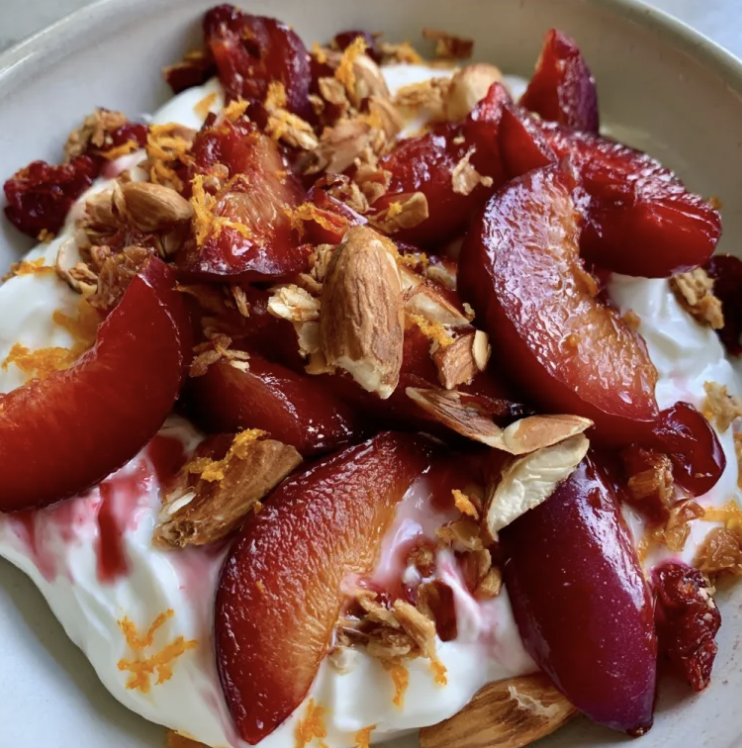Plum and Almonds Yogurt Parfait with Fresh Plums, Toasted Almonds, Homemade Muesli, Orange Zest