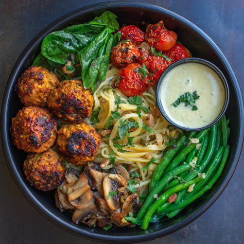 For Pros: Fiber Boost Bowl with Chickpea Veggie Meatballs, GF Spaghetti, Roasted Tomato, Steamed Spinach, Mushrooms, Steamed Green Beans, Basil, Parm, Hazelnuts, Cauliflower Alfredo Sauce