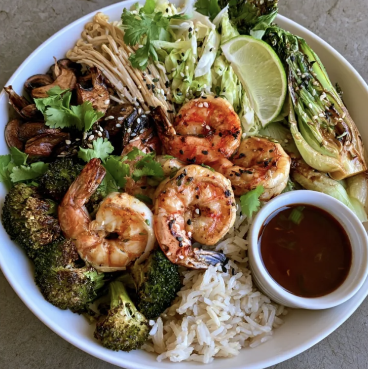 For Pros: Umami Nourish Bowl with Ginger Scallion Shrimp, Basmati Rice, Broccoli, Cabbage, Bok Choy, Mushrooms, Enoki Mushrooms, Cilantro, Sesame Seeds, Lime, Ginger Scallion Sauce