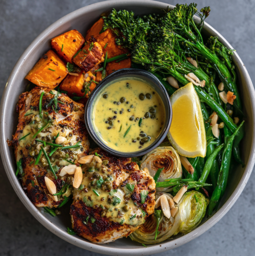 For Pros: Citrus Thrive Bowl with Mustard-Herb Chicken, Sweet Potato, Green Beans, Leeks, Broccoli, Mustard Greens, Chives, Almonds, Lemon Wedge and a Mustard Caper Sauce