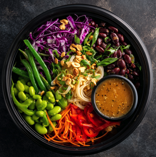 For Orca: Immunity Boost Bowl with Edamame Noodles, Green Beans, Carrots, Cabbage, Red Onion, Stewed Adzuki and Black Beans, Lemongrass–Ginger Dressing, Thai Basil, Scallions, Toasted Peanuts