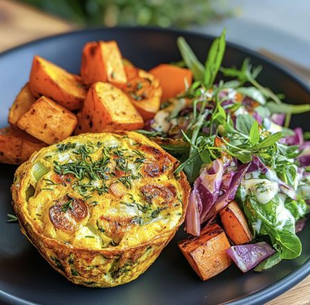 For Pros: Persian Leek & Herb Egg Cups with Sweet Potatoes, Roasted Turmeric Onion, Side Salad and Herby Yogurt Dressing
