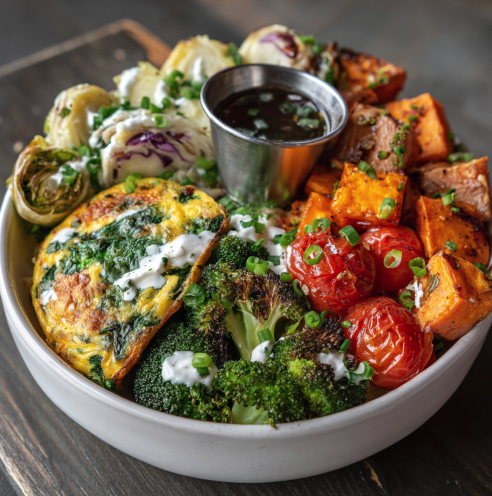 For Pros: Power Bowl with Spinach Frittata, Roasted Sweet Potatoes, Roasted Broccoli, Braised Cabbage, Roasted Tomatoes, Chives, Ricotta, Pomegranate Molasses Vinaigrette