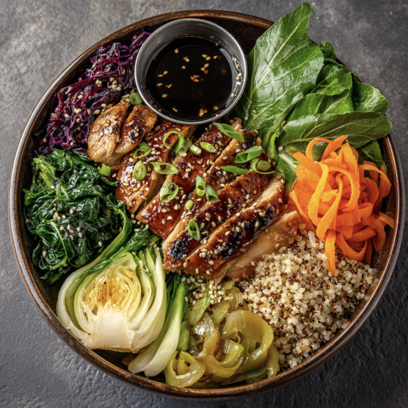 For Pros: Teriyaki Fiber Bowl with Teriyaki Chicken, Buckwheat, Eggplant, Chinese Mustard Greens, Carrots, Cabbage, Sesame, Scallions, Pickled Ginger, Teriyaki Sauce